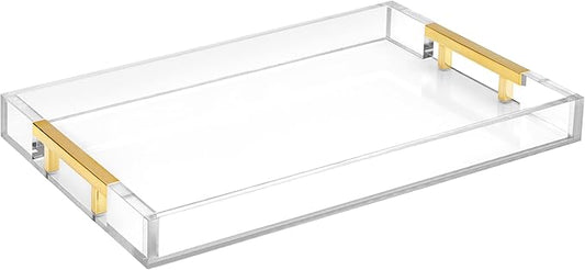 Modern 16"x12" Rectangle Acrylic Lucite Plastic Decorative Serving Tray with Gold Polished Stainless Steel Metal Handles Home Decor Ottoman Coffee Table Makeup Perfume Display Vanity By Home Redefined