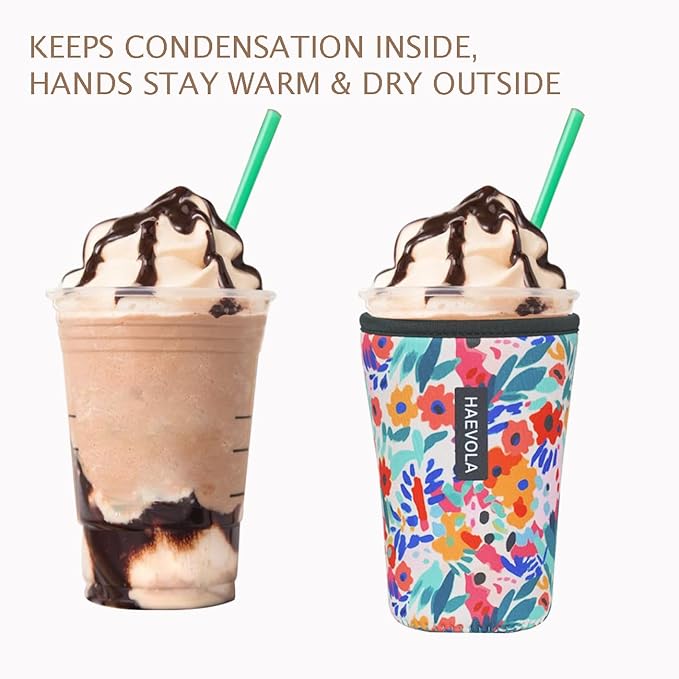 Reusable Insulated Neoprene Iced Coffee Cup Sleeve, Durable Drink Sleeve for Cold Beverages, Beverage Holder for Iced Coffee, Bloom Burst