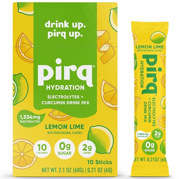 Pirq Hydration - Lemon Lime - Hydration Powder Packets | Electrolyte Drink Mix | Curcumin | B Vitamins | Zero Sugar | Keto Friendly | 10 Sticks