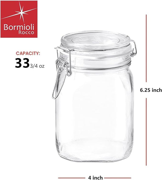 Bormioli Rocco Clear Glass Storage Jars: Airtight Hinged Lid With Leak Proof Gasket, Wide Mouth Canister Kitchen Food Container - For Zero Waste Air Tight Preserving Jam, Spices, Coffee, Sugar & Herbs