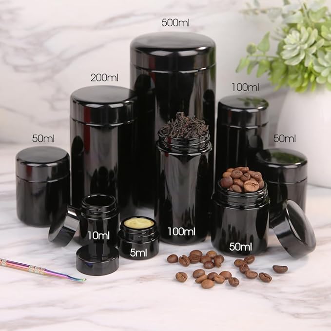 50g Black Ultraviolet Glass Jar with Lid,50ml Storage jars,Refillable Containers Jar,Ideal for Long term storage Leaf,Coffee,Spices (E: 50ml)