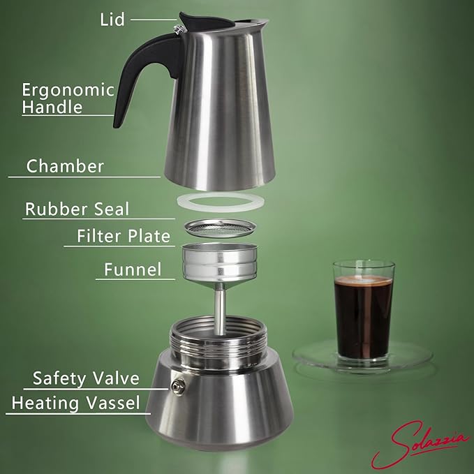 Solazzia 12-Cup Moka Pot | Matte Stainless Steel Stovetop Espresso Maker | 20 fl oz | All Stovetops