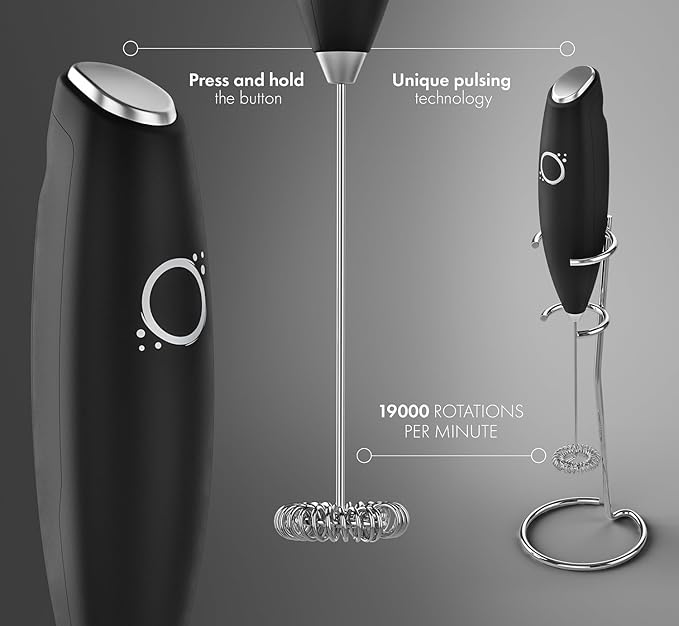 Handheld Milk Frother with Stand - Electric Drink Mixer for Coffee Latte Cappuccino Matcha Tea - Battery Operated Stainless Steel Whisk Wand - Mini Foamer for Protein Shakes Hot Chocolate (Black)