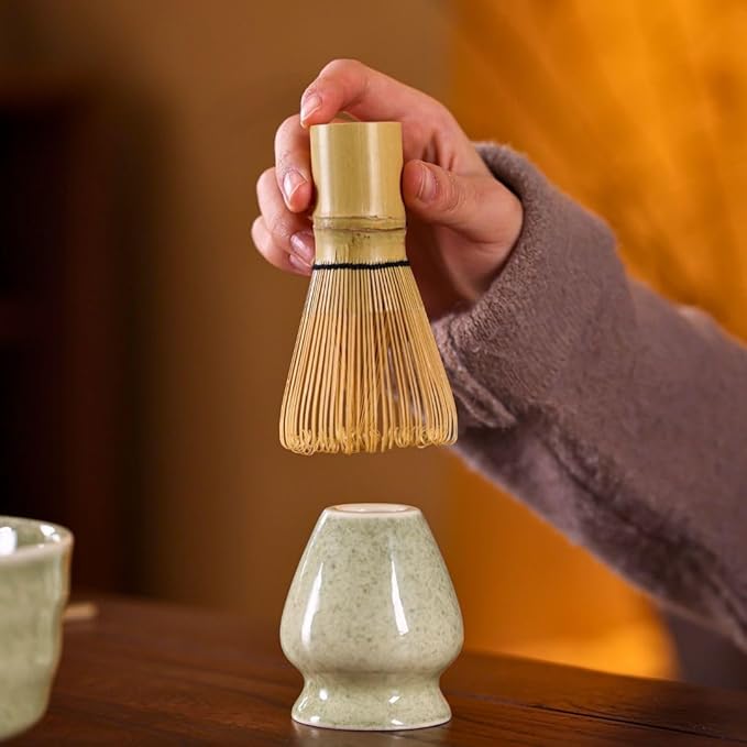Matcha Whisk Set, 5 Pcs Matcha Kit, Premium Ceramic Matcha Set, Whisk and Bowl, Sifter, Cup Holder, Bamboo Scoop, Tea Plucking, Tea Towel, Matcha Lovers (Jade Green)