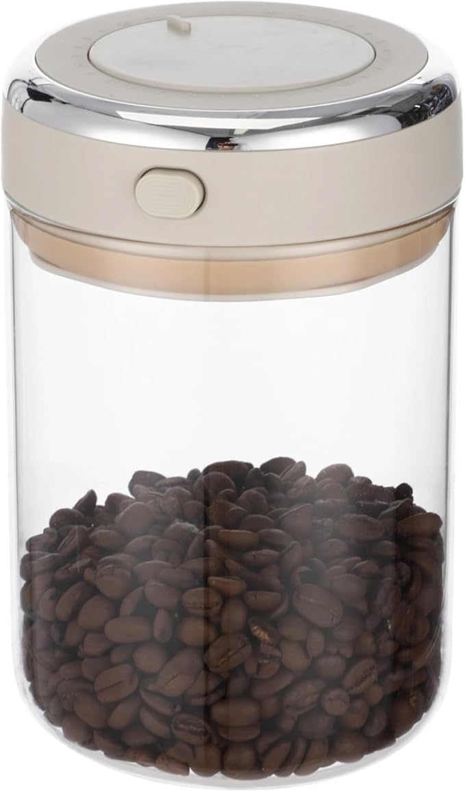 Coffee Bean Storage Container with CO2 One-Way Valve, 1100 ml Clear Glass Coffee Canister with Date Tracker, Vacuum Storage Container for Beans, Grain, Snack, Sugar, Tea, 6.3 x 4.45 in