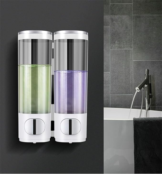 Wall Mounted ABS Soap Dispenser with 300ML Pump Bottle for Shower Gel, Shampoo and Conditioner, Punch-Free Bathroom Organizer(Double Bottles)