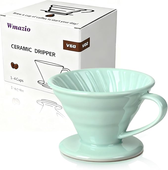 Pour Over Coffee Dripper - Ceramic Cup, Pour Over Coffee Maker Cone, Porcelain Cone, Easy Manual Brew Maker - Strong Flavor Brewer for Home, Cafe, Office - 1-4Cup, V60 Size 02 (Lake Green)