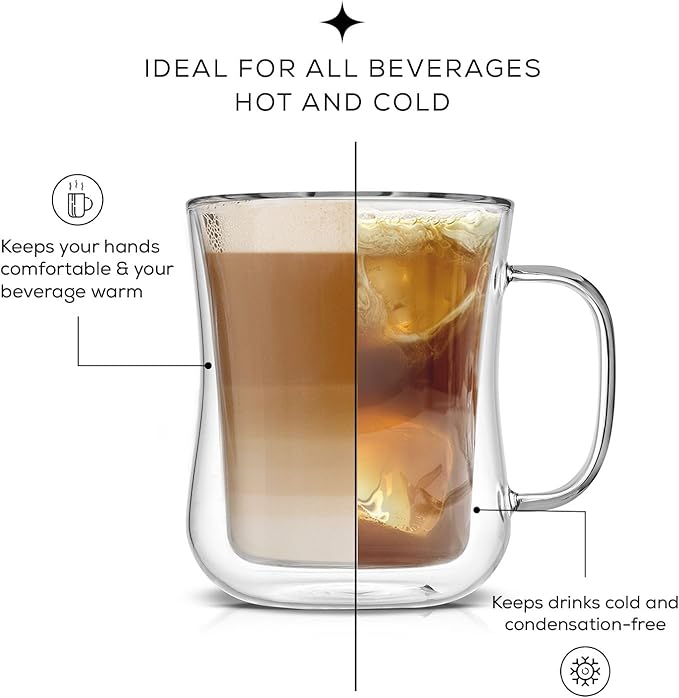 JoyJolt Double Wall Glass Coffee Mugs - 13.5oz Diner Mug Set of 2. Insulated, Clear Glasses That Don't Sweat, Perfect for Cappuccino, Latte, BV174