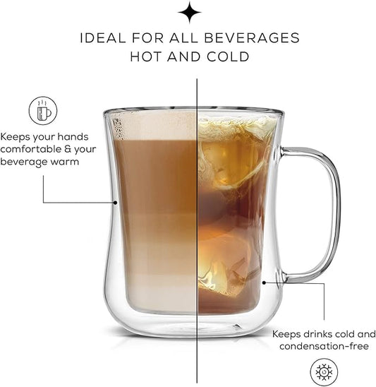 JoyJolt Double Wall Glass Coffee Mugs - 13.5oz Diner Mug Set of 2. Insulated, Clear Glasses That Don't Sweat, Perfect for Cappuccino, Latte, BV174