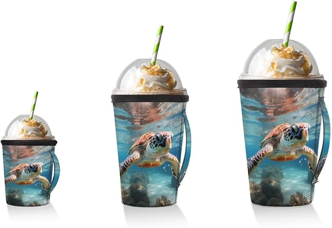 Reusable Iced Coffee Sleeve with Handle, Ocean Turtle Neoprene Cup Sleeve Hawaiian Sea Turtle Insulator Cup Holder for Cold Drinks Beverages 30oz - 32oz
