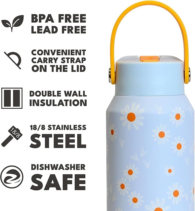 Elemental 40oz Insulated Water Bottle with Straw - 100% Leak-Proof Stainless Steel Core Water Bottles for Travel, Sports and Gym - Double Wall Insulation & BPA Free - Daisy Daydream