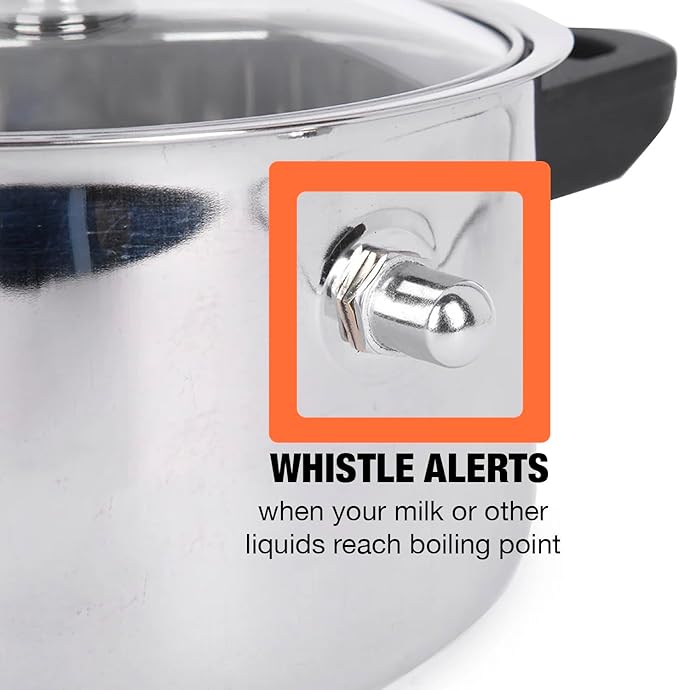 See Through lid Milk Boiler 67 oz/2000 ml Pot, Stainless Steel Double Wall Milk Cooker with Whistle and Funnel, Silver