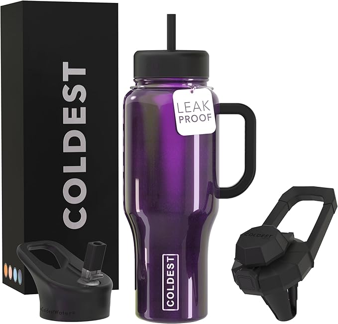 Coldest Tumbler with Handle and Straw, 100% Leak Proof Insulated Tumbler with Lid and Straw (3 Lids), Stainless Steel Tumblers for Women & Men, Cup Holder Friendly, 36 oz (Purple Iridescence)