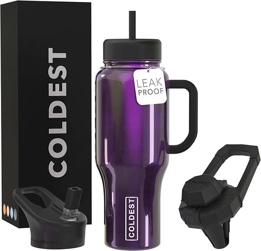 Coldest Tumbler with Handle and Straw, 100% Leak Proof Insulated Tumbler with Lid and Straw (3 Lids), Stainless Steel Tumblers for Women & Men, Cup Holder Friendly, 36 oz (Purple Iridescence)