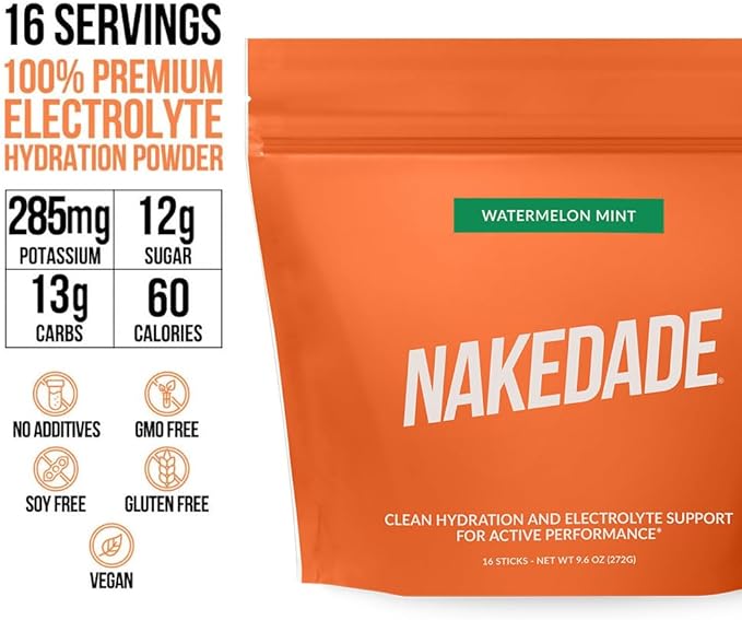 Nakedade Watermelon Mint – Performance Enhancing Sports Drink Powder - Electrolyte Powder – No GMOs or Artificial Sweeteners, Gluten-Free, Soy-Free, Dairy-Free – 16 Sticks