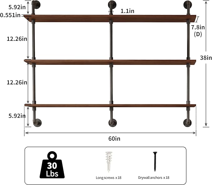 3-Tier Industrial Pipe Floating Shelf – Rustic 60 inch Wood Wall-Mounted Storage Shelf for Kitchen Office,Bathroom & Home Decor -Walnut