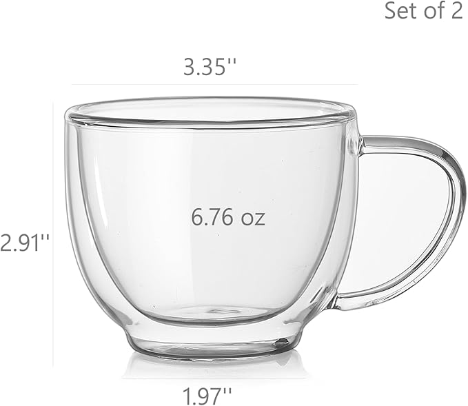 Double Wall Glass Coffee Mugs Set of 2, 6.76 oz Clear Insulated Cups with Handle for Espresso and Tea