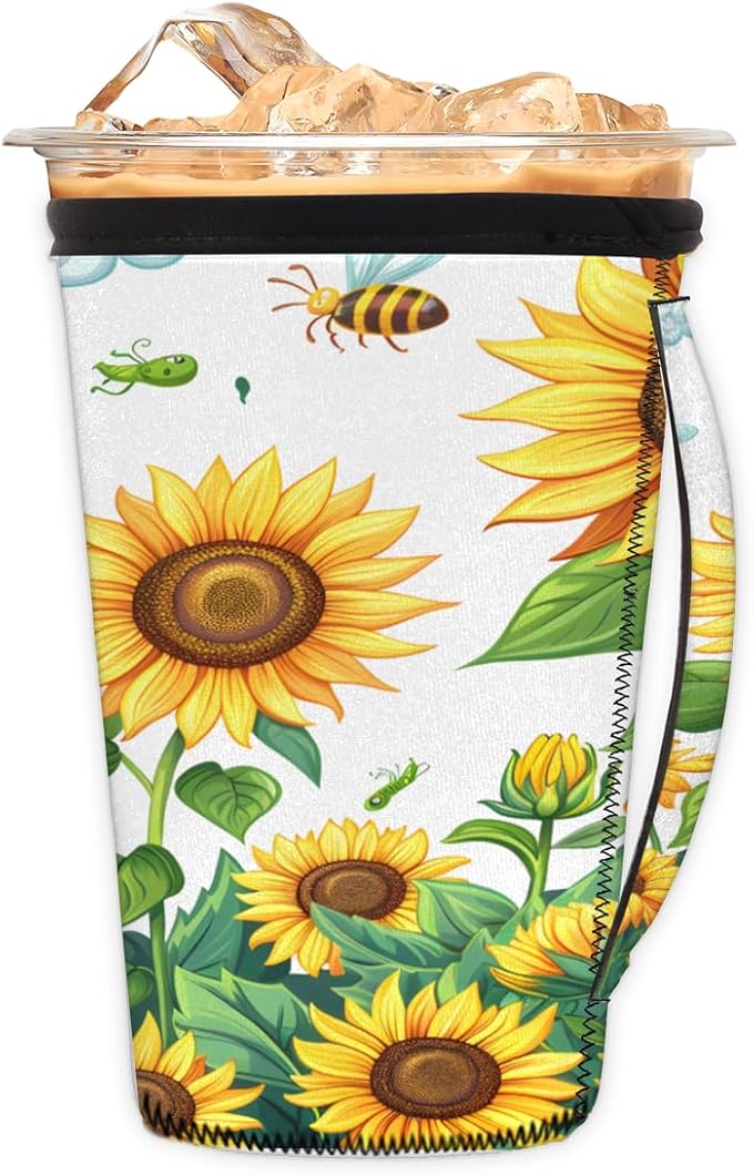 Sunflower With Bee Reusable Insulator Coffee Sleeves for Drinks Beverages, Neoprene Holder with Handle for Most Coffee or Ice Drink, 24-28oz