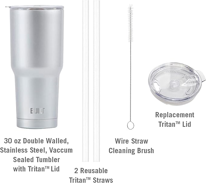 BUILT Double Walled Stainless Steel Tumbler Set with Replacement Lid, 2 Reusable Tritan Wire Straw Cleaning Brush in Gift Box, 1 Count (Pack of 1), Black, 30 fl.oz.