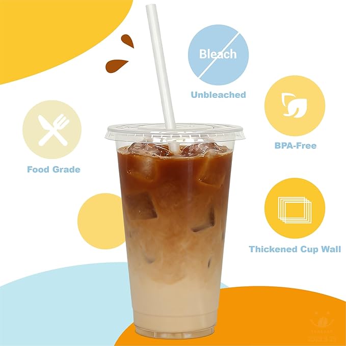 Coolcap 24 oz 100 Pack Disposable Clear Plastic Cups with Lids and Straws, Food Safe Bulk Iced Coffee Cups for Smoothies, Milkshakes and Other Cold Drinks