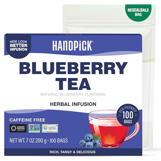 HANDPICK, Wild Blueberry Tea Bags (100 Count), True Premium Blueberry Herbal Tea with Hibiscus, Rose & Licorice | Brew Iced/Hot Tea