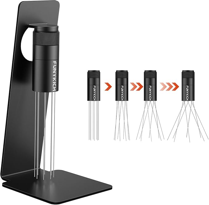 FUNYKICH WDT Tool Espresso Distribution Tool with Magnetic Stand for Barista, Adjustable Range Coffee Needle Stirrer, 304 Stainless Steel 8 Needles 0.4mm with 8 Extra Needles for Consistent Extraction
