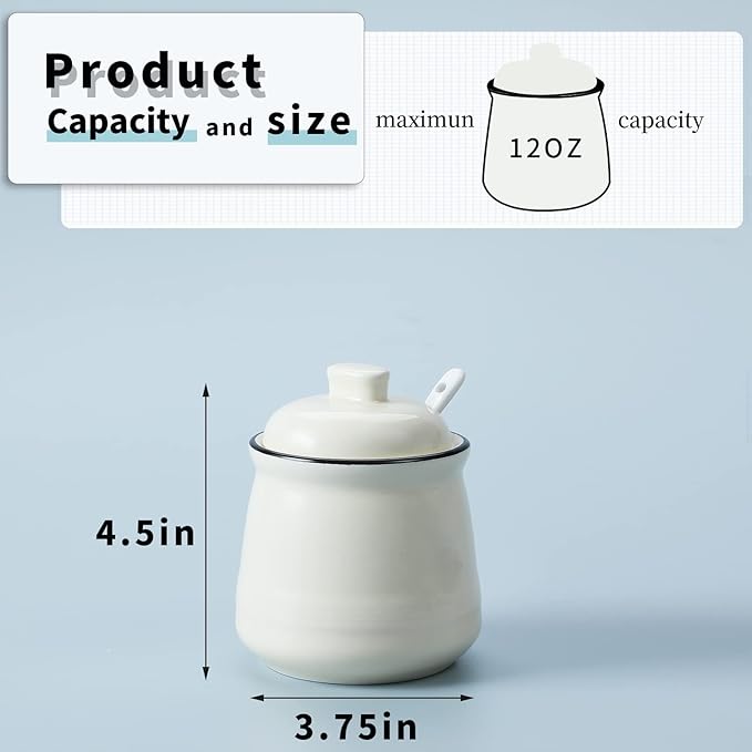 HAOTOP Porcelain Salt Bowl with Lid and Spoon,Ceramic Sugar Bowl 12oz (Beige)