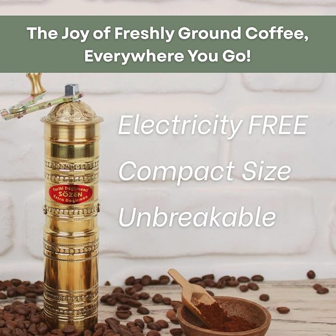 Sozen Hammered 7" Manual Coffee Grinder Brass – Hand Crank Burr Mill for Turkish Coffee, French Press, Espresso, Camping & Home Use – Portable Coffee Bean Grinder, Adjustable Conical Grinder