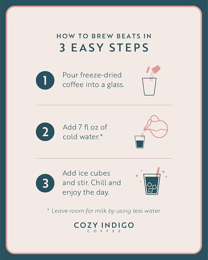 COZY INDIGO COFFEE - BEATS Cold Brew Light Medium Roast Instant Freeze Dried Specialty Coffee, 24 Capsules, 100% Arabica Beans, Dissolves Instantly, Enjoy Cold or Hot, Perfect for Travel and On The Go