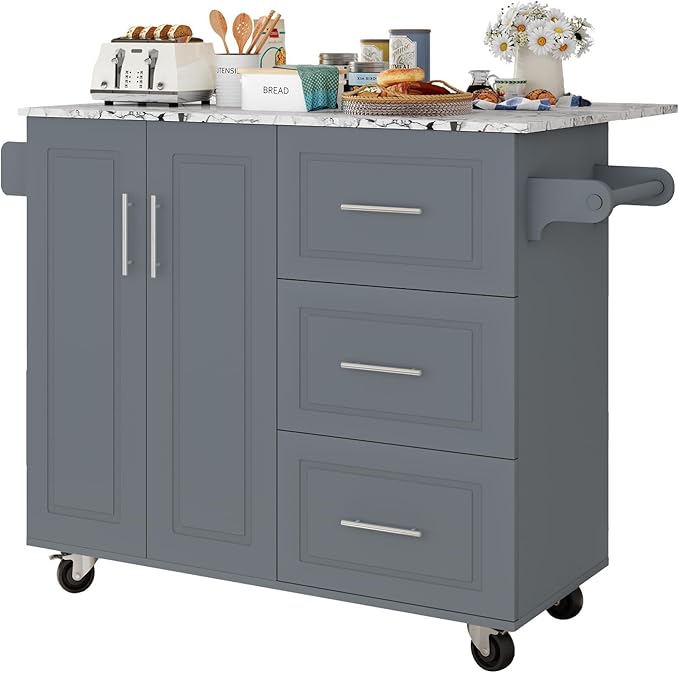4 EVER WINNER Kitchen Island on Wheels with Storage and Drop Leaf, Marble Tabletop, 43" Kitchen Island Cart with Towel Rack & Spice Rack, Rolling Islands cart for Kitchen, Gray