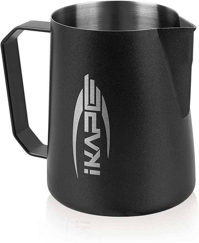 IKAPE Coffee Products, 600ml Milk Frothing Pitcher, Stainless Steel Milk Steaming Pitchers, Cappuccino Latte Art Barista Steam Pitchers Coffee Milk Frother Cups(20 oz)(Black)