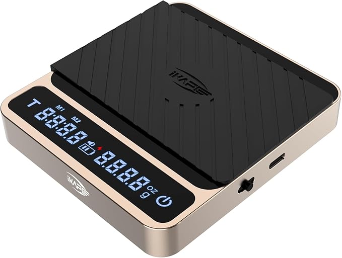 IKAPE Digital Coffee Scale, Premium Aluminium Espresso Scales with Timer, 2kg/0.1g High Precision Rechargeable Drip Espresso Scale with Tare Function, LED Display(Gold)
