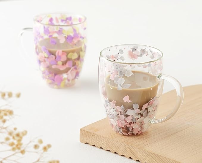 Double Glass Flower Tea Cup, Aesthetic Preserved Flower Cup, Cute Insulated Tea Cup with Handle, Heat Resistant & Lead-free Coffee Mugs, Gifts for Birthday Mother's Day, Perfect for Women Wife Mom (P)