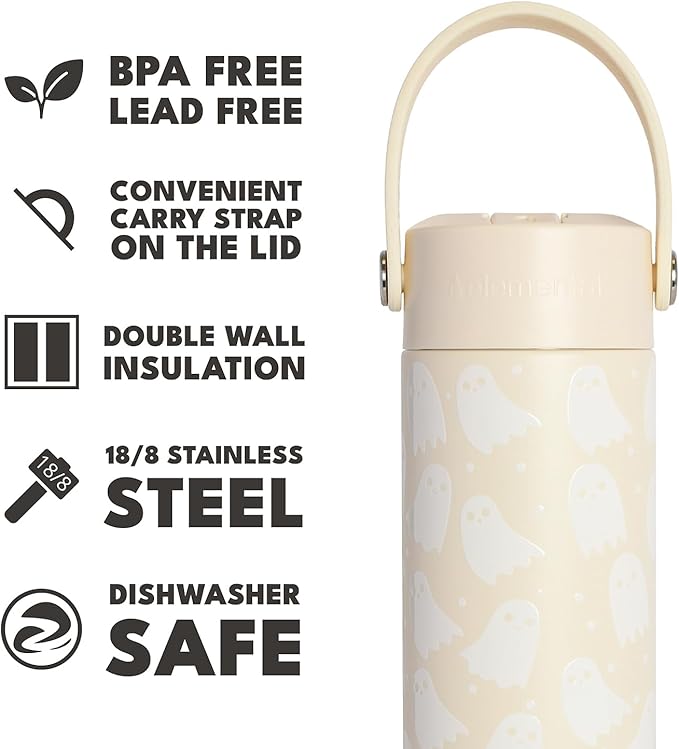 Elemental 24oz Insulated Water Bottle with Straw - 100% Leak-Proof Stainless Steel Core Water Bottles for Travel, Sports and Gym - Double Wall Insulation & BPA Free - Little Ghostie
