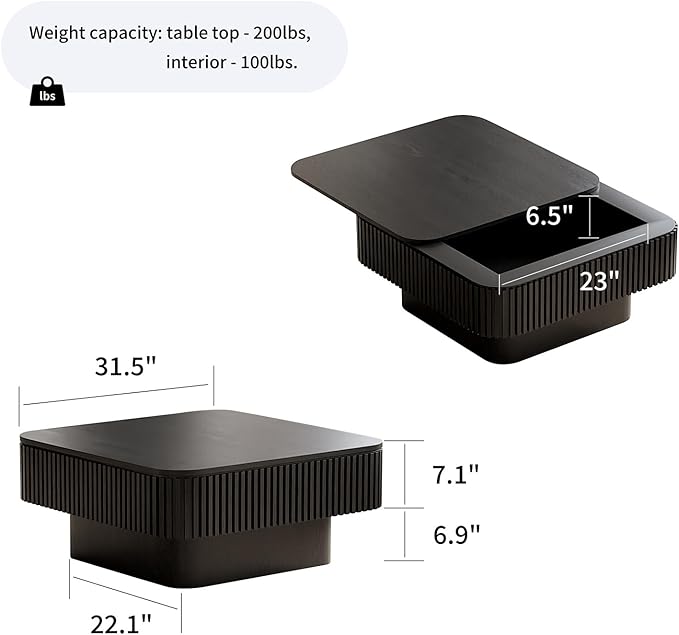 SZTHHDF Square Coffee Table for Living Room,Fluted Drum Accent Tea Center Table with Storage,Solid Wood Modern Coffee Tables for Small Space Office Apartment (31.5" L×31.5''W×14''H-Black)