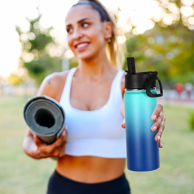 Volhoply 16 OZ Kids Water Bottle Bulk 4 Pack,Insulated Sports Bottles with Straw Lid,Stainless Steel Bottle with Handle Keep Cold & Hot,Double Wall Vacuum Tumbler Cups for School(Green Blue, 4)