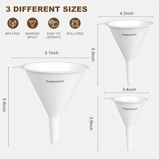 Plastic Kitchen Funnel Set of 3, Round Kitchen Funnels for Filling Bottles, Durable and Multifunctional Funnels for Filling Canning, Cooking, Lab or Car Oil (White)