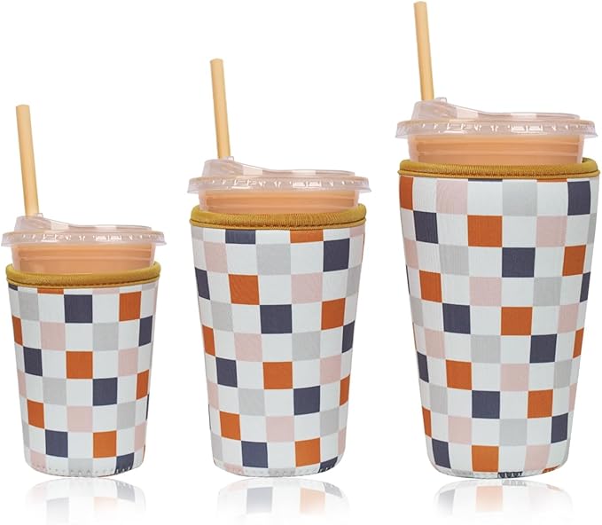 Reusable Insulated Neoprene Iced Coffee Cup Sleeve, Durable Drink Sleeve for Cold Beverages, Beverage Holder for Iced Coffee, Muted Grid