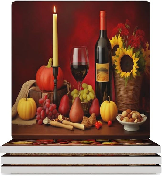 Red Wine Drink Coasters, Square Ceramic Drink Coaster Square-4PCS, Vintage Style Floral Red Wine Grapes Sunflower Decor Absorbent Ceramic Coasters for Beverage Cup, Bar, Coffee Table
