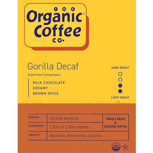 Organic Coffee Co. Gorilla Decaf Whole Bean Coffee 2LB (32 Ounce) Medium Light Roast Natural Water Processed Decaffeinated USDA Organic