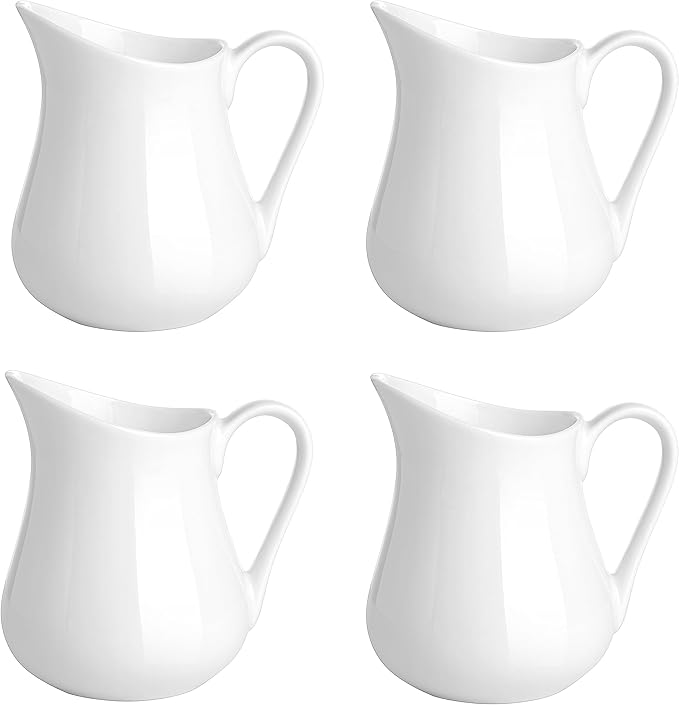 Gurygo 4 Pack 4 Oz Classic White Creamer with Handle - Small Ceramic Creamer Pitcher Set - Fine Porcelain Small Milk Pitcher for Coffee Milk Sauces Salad, Microwave & Freezer Safe