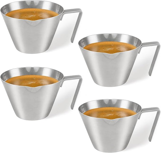 YARRAMATE 4 Pcs Stainless Steel Espresso Cups with Handle, Double Spout Metal Measuring Cup with Dual Scale, Espresso Shot cup with V-Shaped Mouth, 3.4OZ/100ML(Silver)