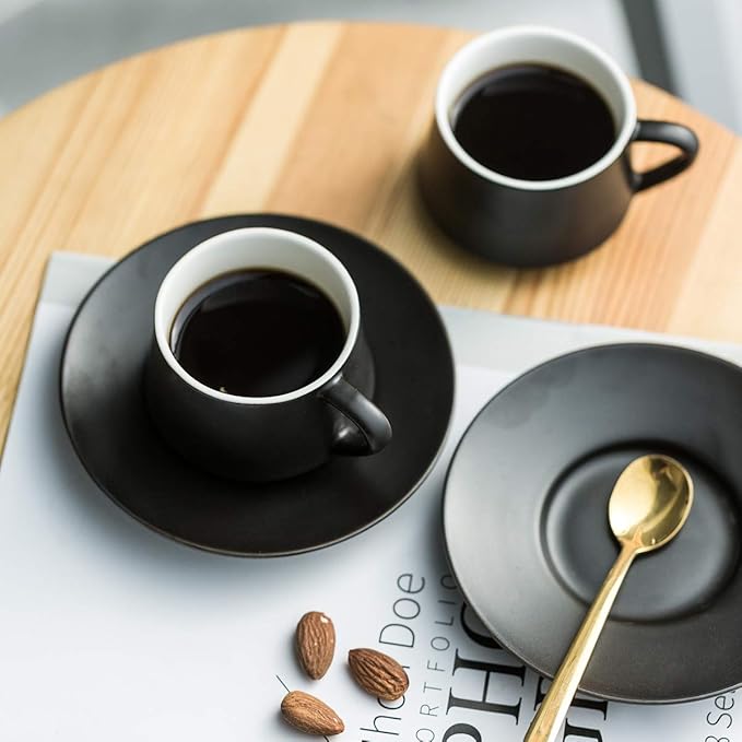 YHOSSEUN Ceramic Espresso Cups Set of 6, 4 Oz Expresso Shots Cup with Stand, Saucers & Spoons, Small Coffee Espresso Cup Demitasse Cups, Black