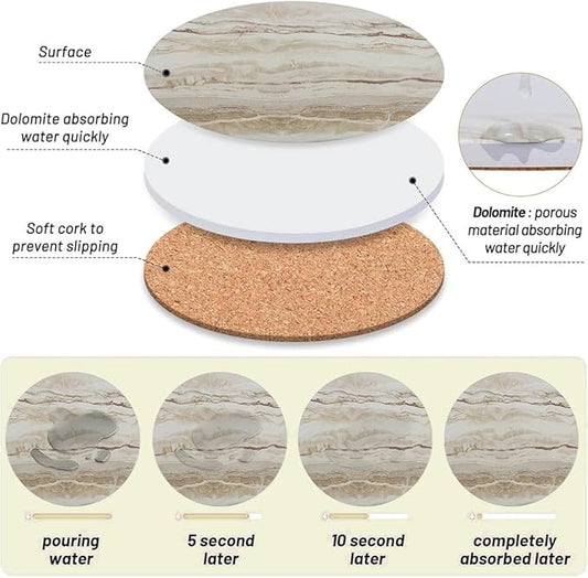 Ceramic Coasters Set of 6, Marble-Textured Design with Holder - Absorbent Cork-Backed Coasters for Cups, Bar & Coffee Table Decor Accessories (Khaki Marble-Thin, 6 Pack-Thin)