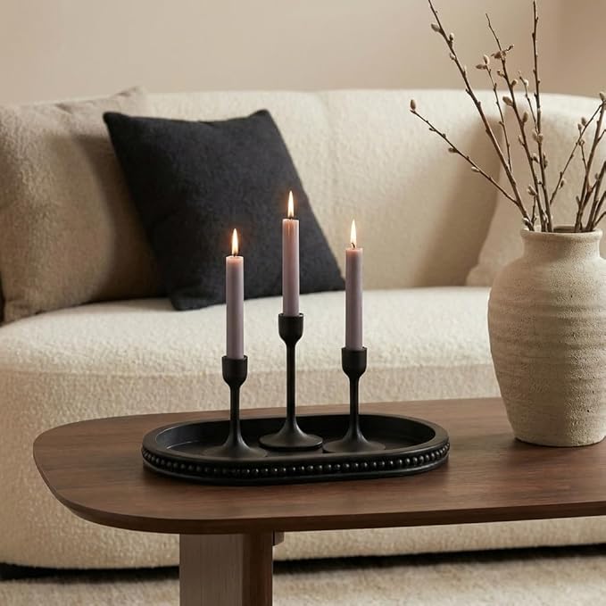 Hanobe Decorative Trays for Coffee Table : Black Oval Centerpiece Tray Wood for Farmhouse Entry Table Decor Round Bathroom Tray for Living Room Kitchen Counter