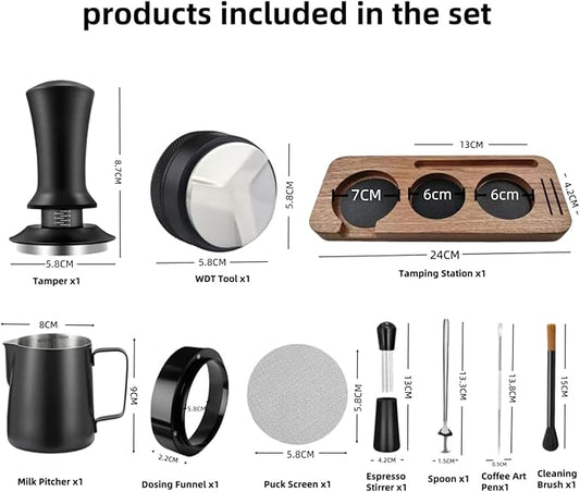 58mm Espresso Accessories 10 PCS - WDT Tool Kit， Coffee Tamper with Wood Espresso Tamping Station， Frothing Pitcher, Distributor, Stirrer, Dosing Funnel, Brush, Puck Screen， Latte Art Pen