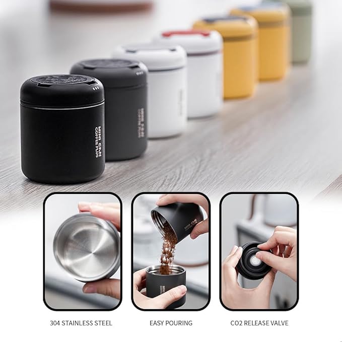 watchget Portable Mini Airtight Coffee Canister - Stainless Steel Coffee Bean Storage with One-way Exhaust Valve for Ground Coffee & Tea, 1oz/30g Capacity, Geometric Pattern Grey &Red