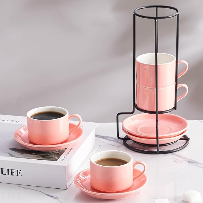 Meichu 2.5oz Porcelain Stackable Espresso Cups with Saucers and Metal Stand Set of 4, Stackable Espresso Cups Set of 4, Pink Expresso Shots Cup Set for Cappuccino, Coffee Drinks, Latte, Tea