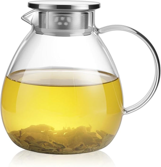 GURUDAR 68OZ/2000ML One Touch Glass Teapot with Stainless Steel Filter Lid, Stovetop & Microwave Safe Tea Maker Water Kettle, Strainer & Cover 2 in 1 Loose Leaf Tea Steeper Pot Coffee Carafe