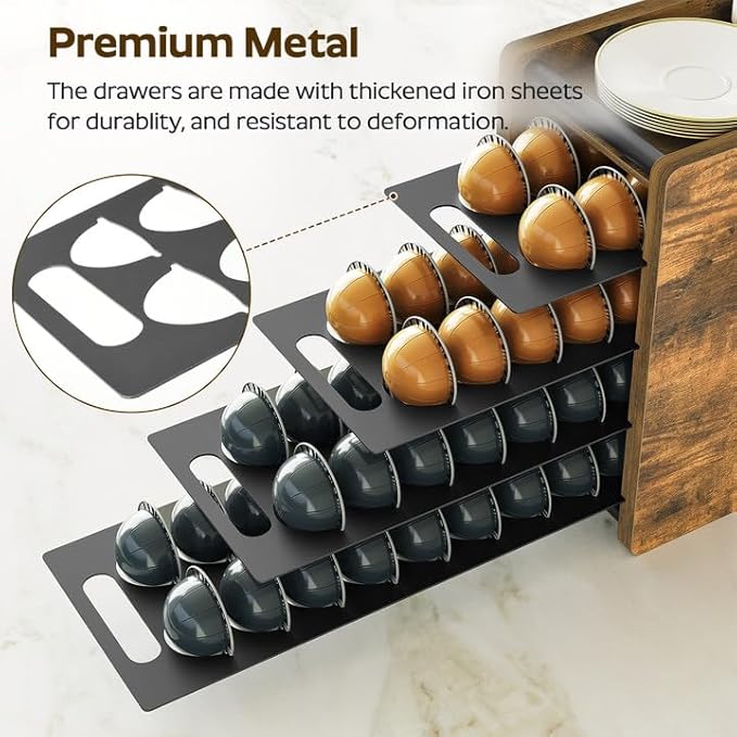 Coffee Pod Drawer Holder, 72 Pods Large Capacity, 4 Tier Holder for Vertuo, Coffee Pod Organizer for Countertop, Storage Rack for Nespresso Vertuo Pods, Space Saving, Rustic Brown KH06BR